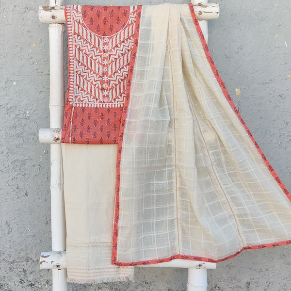 NAYA - Pure Cotton Peach Screen Print With Cream Embroidered Yoke Cream Handloom Bottom And A Cream Dupatta