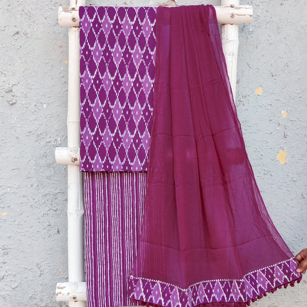 NIRU - Pure Cotton Shades Of Purple Printed Top Fabric With Pure Cotton Stripes Bottom And Chiffon Dupatta