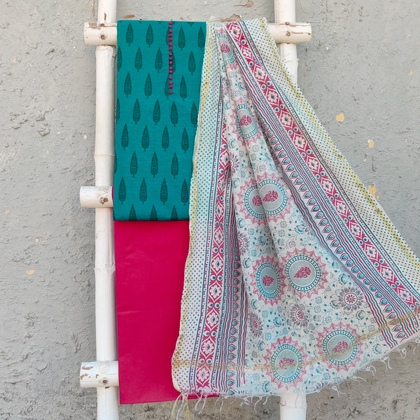 NOORANI - Pure Slub Cotton Teal Screen Pinted Top Fabric With Plain Pink Pure Cotton Bottom And A Cotton Silk Printed Dupatta