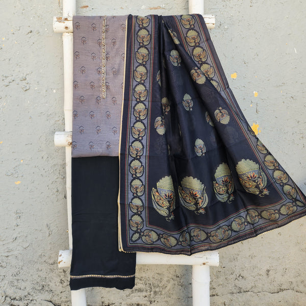 PARO - Grey Digitally Printed Cotton Silk Top With Black Bordered Bottom And A Cotton Silk Dupatta