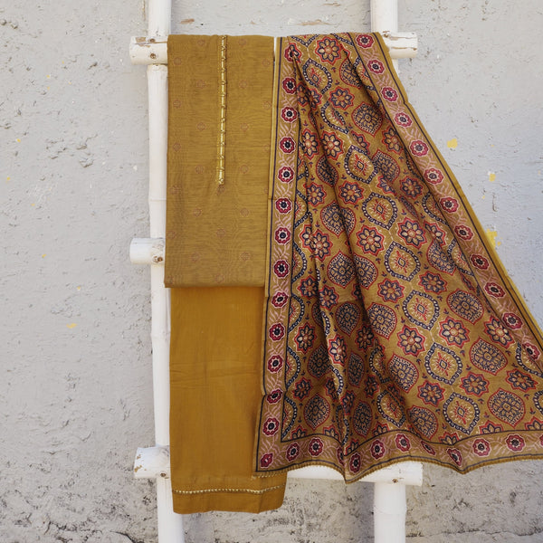 PARO - Mustard Digitally Printed Cotton Silk Top With Black Bordered Bottom And A Cotton Silk Dupatta