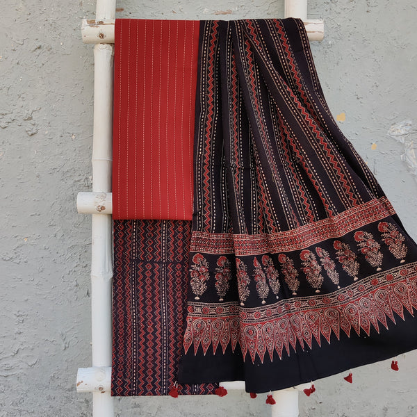 PARO - Pure Cotton Rust Top With Kaatha Stitches Black Zig Zag Stripes Bottom And A Cotton Tassle Dupatta