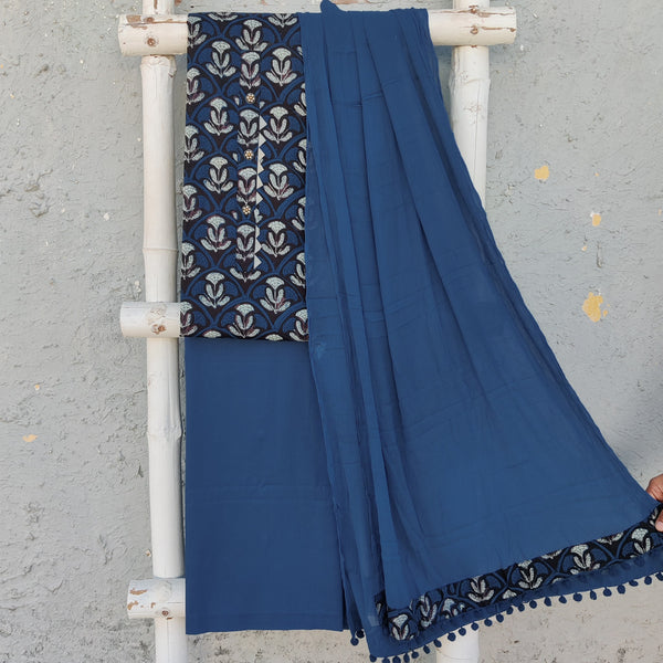 PAVNI - Pure Cotton Dabu Indigo Top Fabric With Plain Blue Bottom And A Chiffon Dupatta