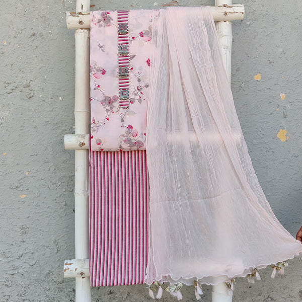 PINKU - Baby Pink Cotton Silk Digital Printed Top With Metal Embellished Kurta Patti Stripes Cotton Silk Digitally Printed Bottom And A Chiffon Dupatta