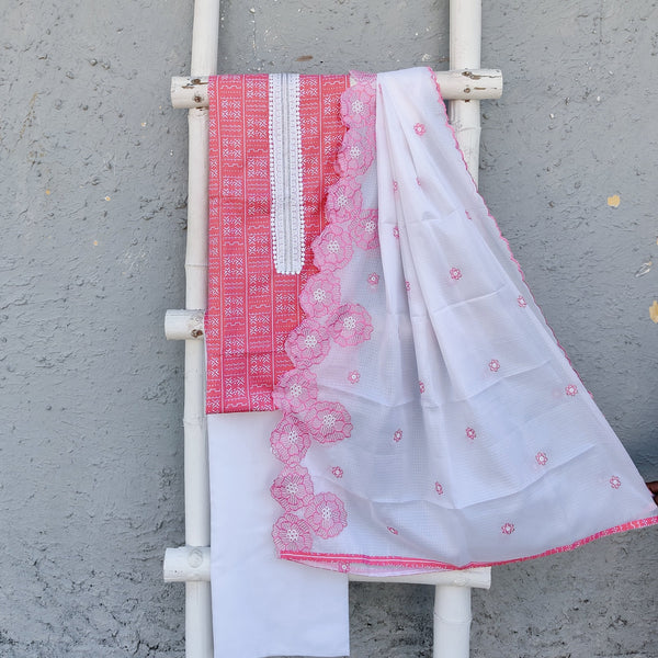 PINKU - Pure Cotton Screenprinted Top Fabric With Yoke Patti A White Handloom Bottom And A Scalloped Kota Dupatta