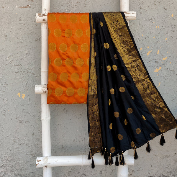 POORVI - Satin Brocade Orange Top Woth Satin Brocade Black Zari Woven Dupatta