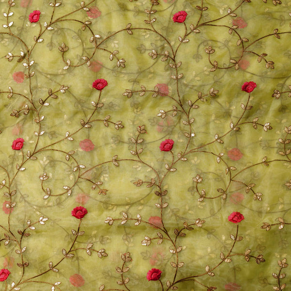 Yellow Green Organza Jaal Embroidered Fabric