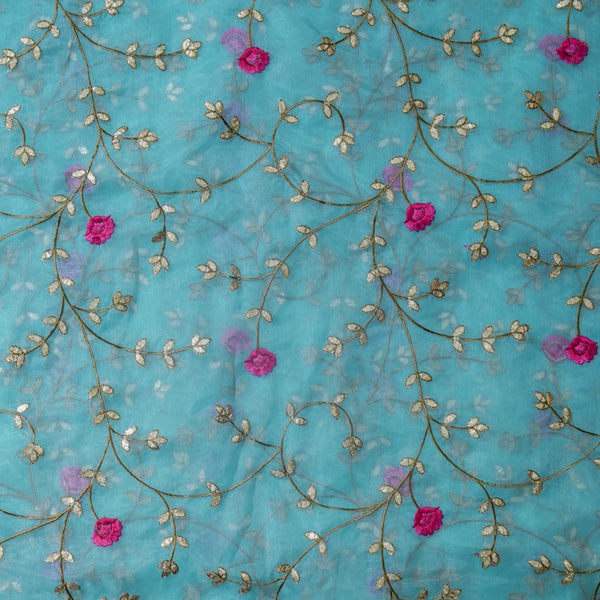 Blue Organza Jaal Embroidered Fabric