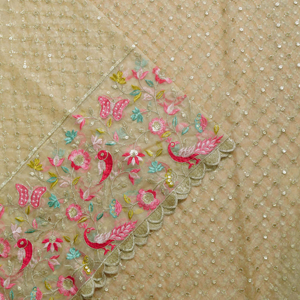 Organza Beige With Sequence Embroidery And A Family Of Birds Border