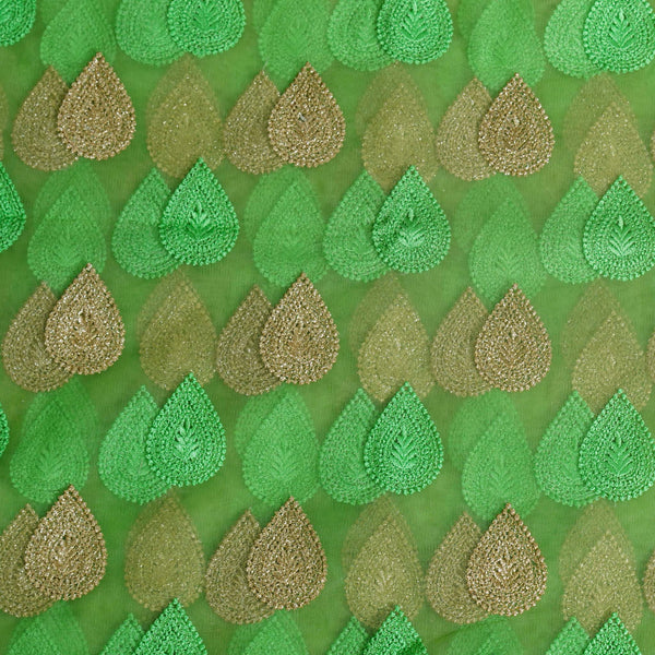 Green Net With Embroidered Intricate Gold And Green Leaf  Motif