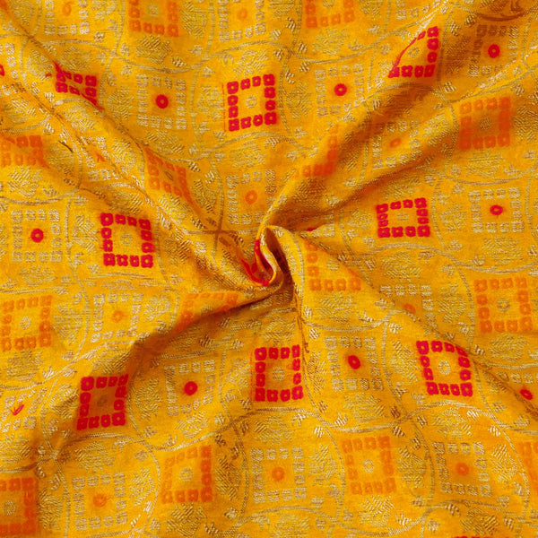 Patola Brocade Yellow With Red Orange Mustard Squares Design Woven Blouse piece Fabric (1.30 cm)