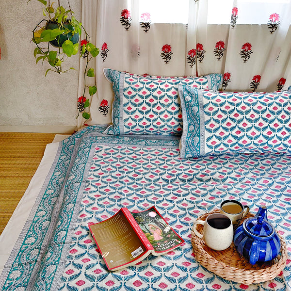 Pink Lotus Pure Cotton Jaipuri Double Bedsheet