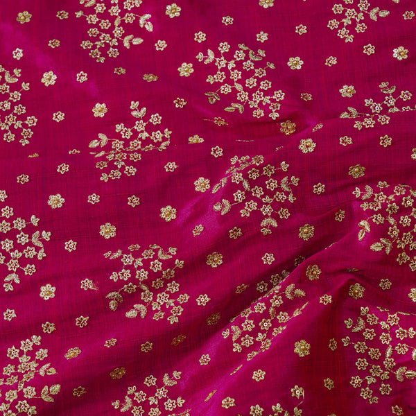 Pink Slub Silk Cotton With Gold Zari Flower Cluster Embroidered Blouse Piece Fabric (90 cm)