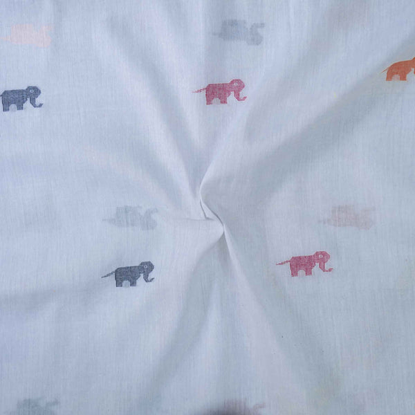 Pure Cotton Mul White Grey Jamdani  With Orange Maroon Black Elephant Woven Fabric