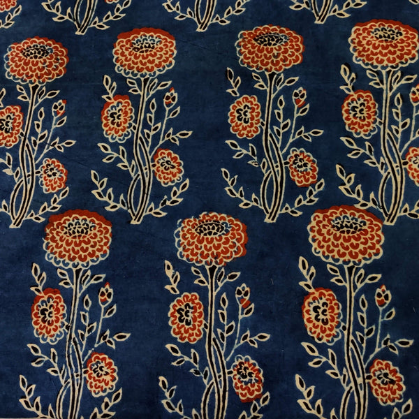 Pre-Cut 1.35 Meters Pure Cotton Ajrak Blue With Long Genda Phool Plant Hand Block Print Fabric