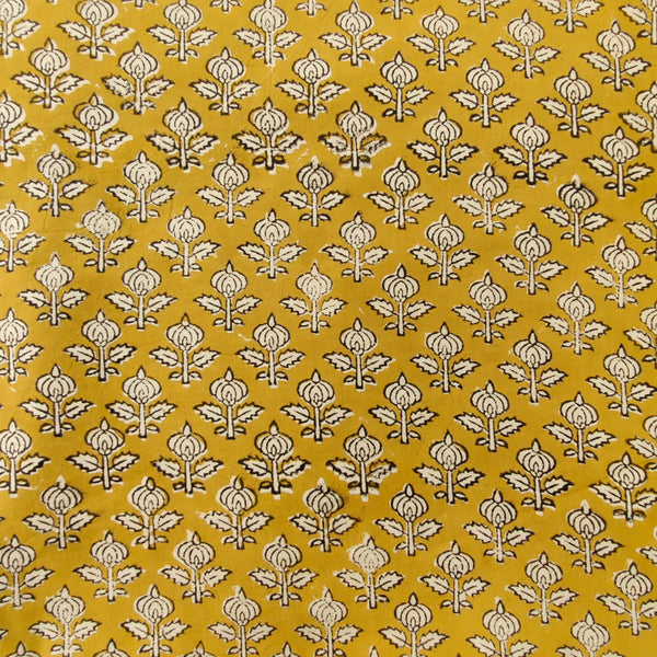 Pre- Cut 1.40 Meter Pure Cotton Bagru Mustard With Tiny Bud Plant Motif Hand Block Print Fabric