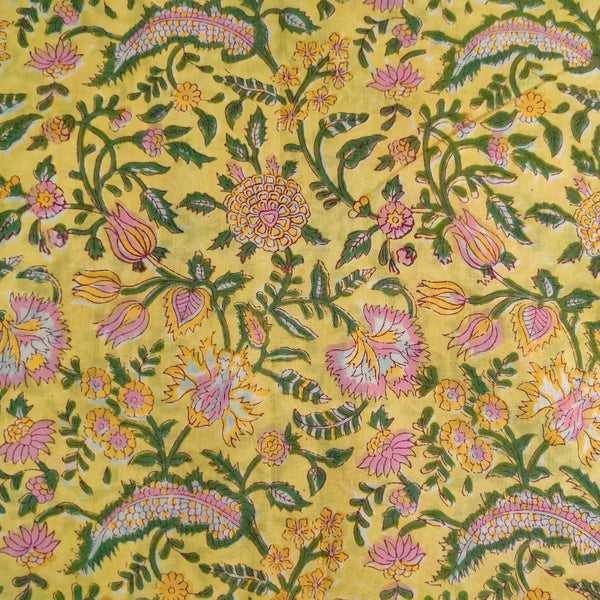 Pre-Cut 1.40 Meters Pure Cotton Jaipuri Pastel Yellow With Wild Flower Jaal Hand Block Print Fabric