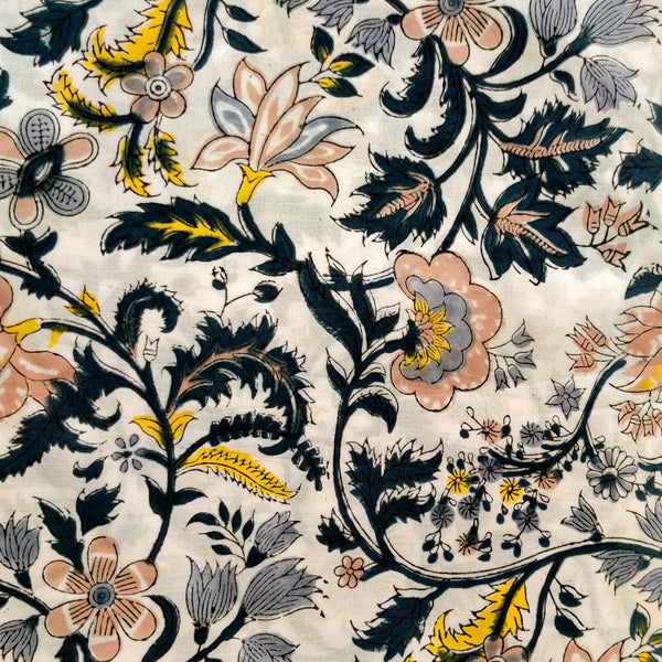 Pre-Cut 1.40 Meters Pure Cotton Jaipuri White With Grey Dark Teal Yellow And Light Peach Wild Flower Jaal Hand Block Print Fabric