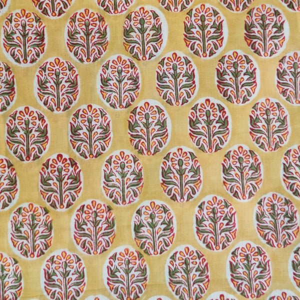 Pre-Cut 1.40 Meters Pure Cotton Jaipuri Yellow With Plant Motif Hand Block Print Fabric