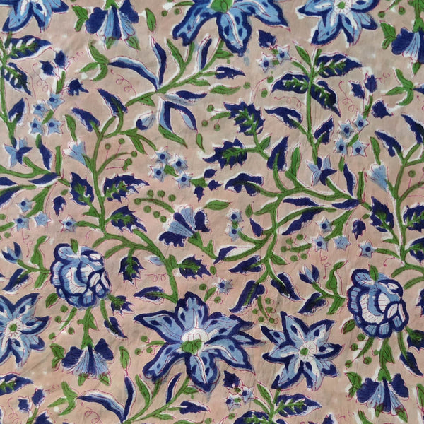 Pre-Cut 1.45 Meters Pure Cotton Jaipuri Ash Brown With Shades Of Blue Floral Jaal Hand Block Print Fabric