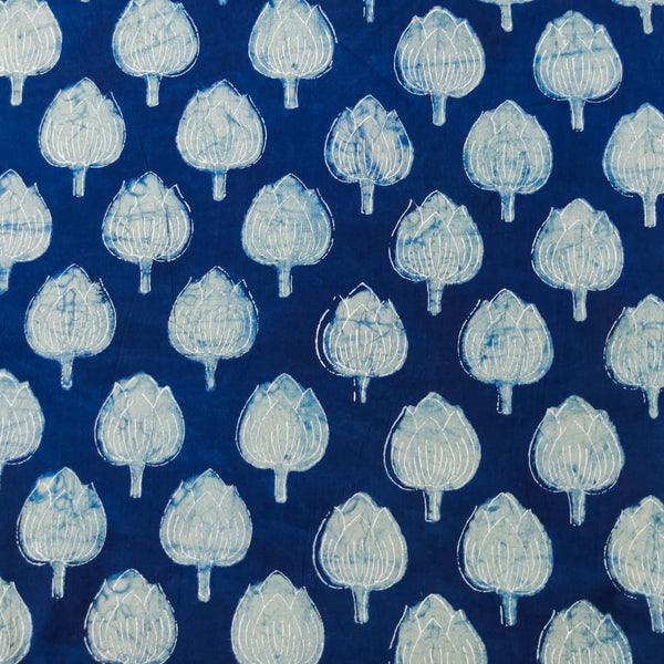 Pre-Cut 1.45 Meters Pure Cotton Special Akola Indigo With Budding Flower Hand Block Print Fabric