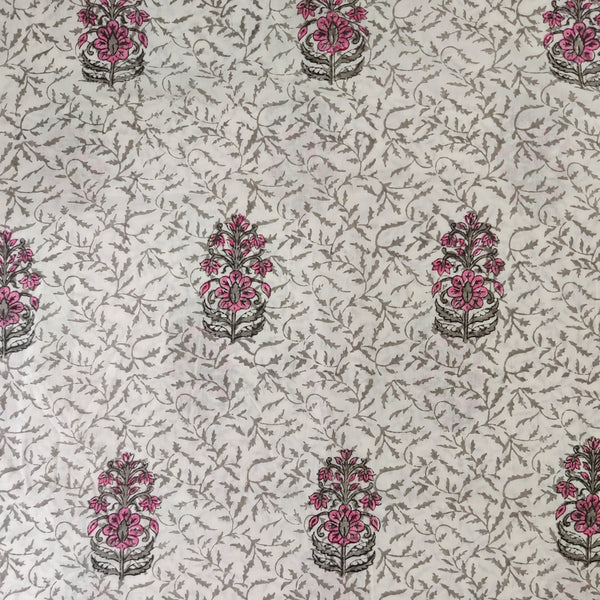 Pre-Cut 1.55 Meters Pure Cotton Jaipuri White Grey Jaal And Mughal Motif Hand Block Print Fabric