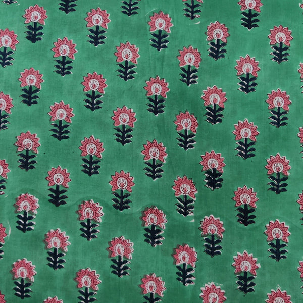 Pure Cotton Jaipuri Green With Pink Small Motifs Hand Block Print Blouse Fabric ( 85 CM )