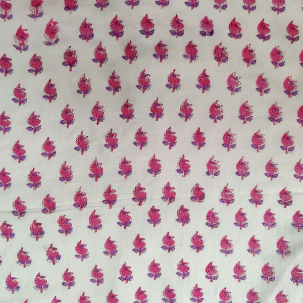 Pre-Cut 1.60 Meters Pure Cotton Jaipuri White With Tiny Pink Motifs Hand Block Print Fabric