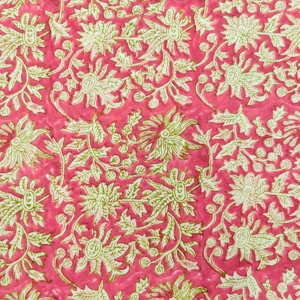 Pre-Cut 1.70 Meters Pure Cotton Jaipuri Pink With Green Outlined Floral Jaal Hand Block Print Fabric