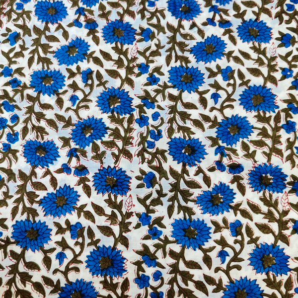 Pre- Cut 1.70 Meters Pure Cotton Jaipuri White With Blue Jaal Hand Block Print Fabric