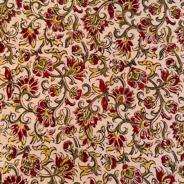 Pre-Cut 1.85 Meters Pure Cotton Kalamkari Cream With Maroon Mustard Green Tiny Flower Jaal Hand Block Print Fabric