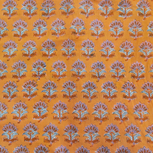 Pre- Cut 2.25 Meters Pure Cotton Jaipuri Sunset Orange With Pink Flowers Hand Block Print Fabric