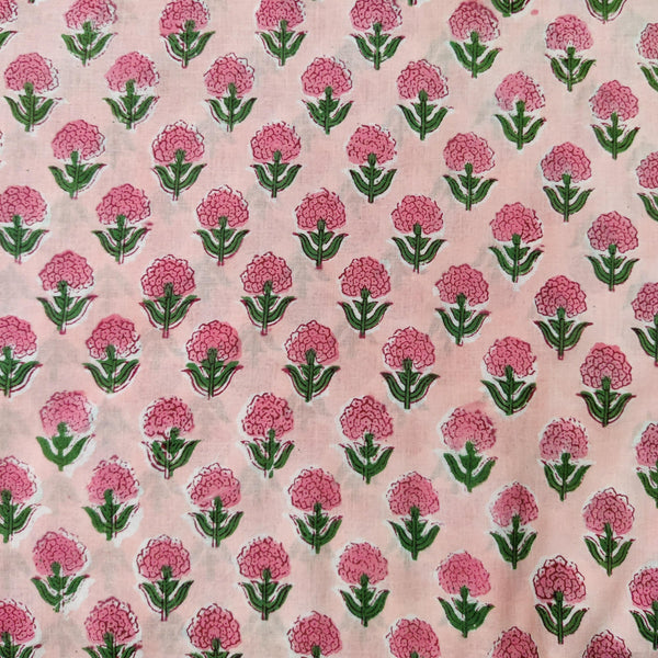 Pre-Cut 2.30 Meters Pure Cotton Jaipuri Light Pink With Pink Motifs Hand Block Print Fabric