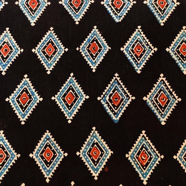 Pre-Cut 2 Meters Pure Cotton Ajrak Black With Blue Rust Intricate Diamond Hand Block Print Fabric