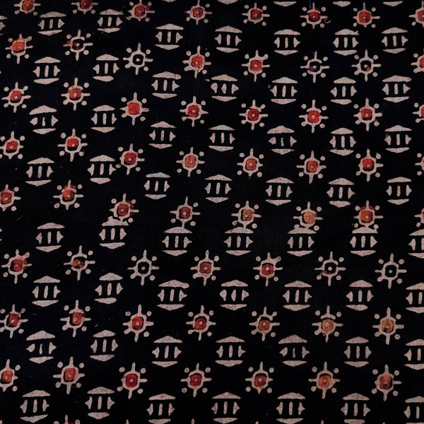 Pre-Cut 2 Meters  Pure Cotton Black Ajrak With Tiny Tribal Motifs Hand Block Print Fabric