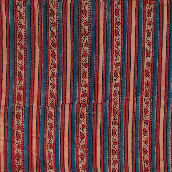 Pre-Cut 2 Meters Pure Cotton Special Ajrak Maroon Blue Cream Kairi Stripes Hand Block Print Fabric