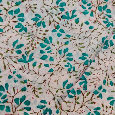 Precut 1.25 Meters Pure Cotton Jaipuri White With Blue Leafy Jaal Hand Block Print Fabric