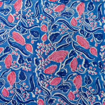 Precut 1.35 Meters Pure Cotton Jaipuri Blue With Pink Floral Jaal Hand Block Print Fabric