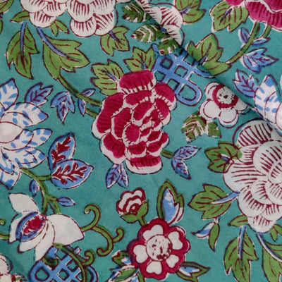 Precut 1.35 Meters Pure Cotton Jaipuri Teal With White And Burgundy Wild Flower Jaal Hand Block Print Fabric