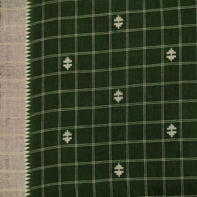 Precut 1.40 Meter Pure Cotton Handloom Green With Checks And Temple Border