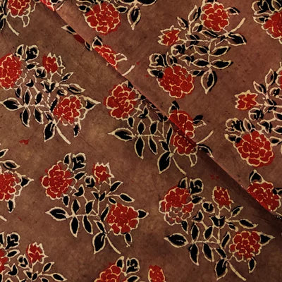 Precut 1.40 Meters Pure Cotton Ajrak Brown With Blue Rose Plant Motif Hand Block Print Fabric