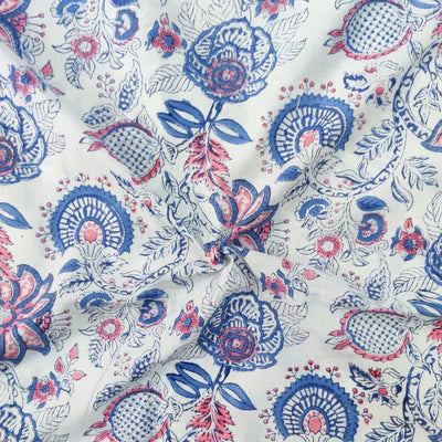 Precut 1.40 Meters Pure Cotton White Jaipuri With Pink And Blue Wild Fruit Jaal Hand Block Print Fabric