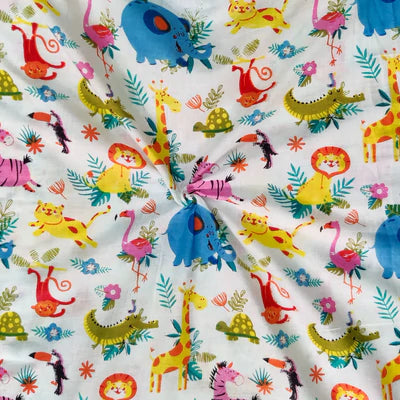 Precut 1.45 Meters Pure Cotton White With Animal Kingdom Screenprint Fabric