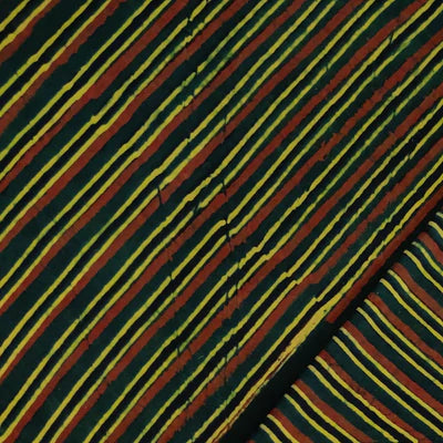 Precut 1.5 Meters Pure Cotton Ajrak Dark Green Madder Black Yellow Stripes Hand Block Print Fabric