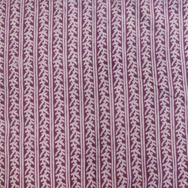 Precut 1.5 Meter Pure Cotton Dabu Mauve With Leafy Creeper Stripes Hand Block Print Fabric