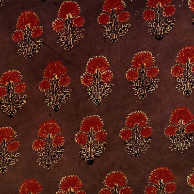 Precut 1.5 Meters Pure Cotton Ajrak Brown With Maroon Flower Plant Motif Hand Block Print Fabric