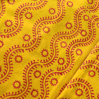 Precut 1.5 Meters Pure Cotton Gamthi Yellow With Red Wavy Creeper Hand Block Print Fabric