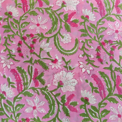 Precut 1.5 Meters Pure Cotton Jaipuri Pink With Light Green Pink White Jaal Hand Block Print Fabric