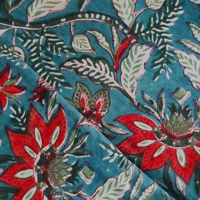 Precut 1.5 Meters Pure Cotton Jaipuri Teal With Wild Floral Jaal Hand Block Print Fabric