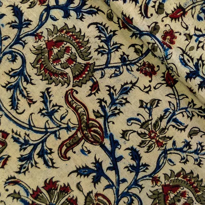 Precut 1.5 Meters Pure Cotton Kalamkari Beige With Blue Green Maroon Wild Flower Jaal Hand Block Print Fabric